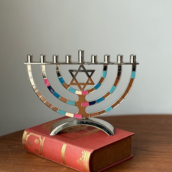 Silver-Tone Enamel Menorah with Multicolor Inlays - Picture 9 of 15